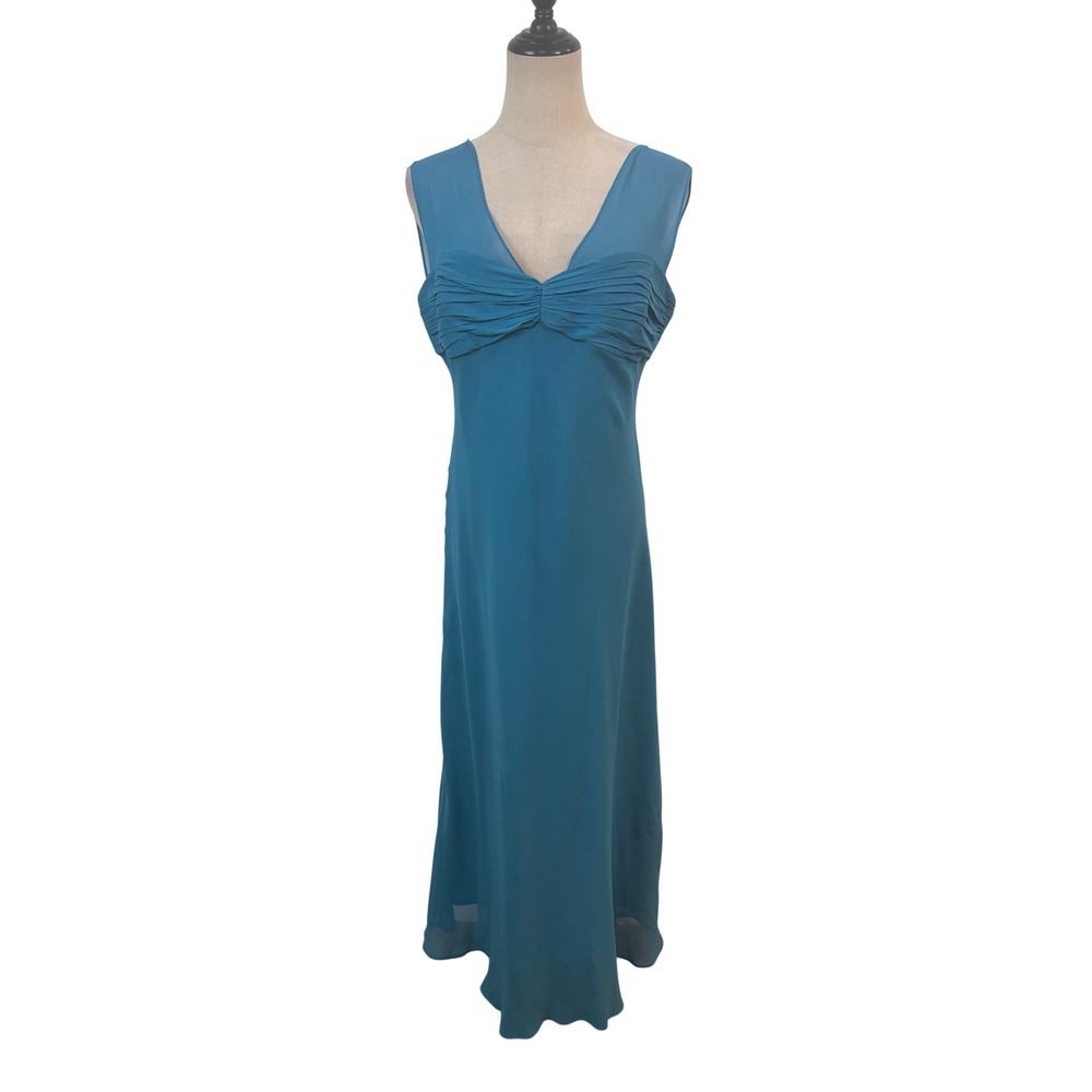 Vtg 90s Silk Dress sz 12 Blue Pleated V-Neck Midi flowy slinky Fairy Whimsy